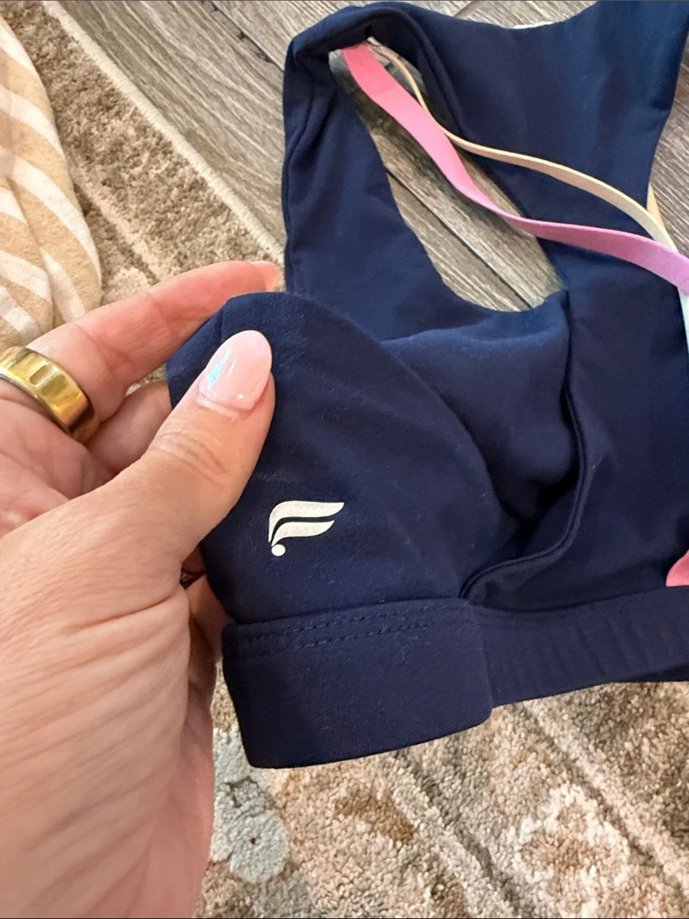 Fabletics Boost Medium Impact Navy Sports Bra with Pink and Yellow Straps
